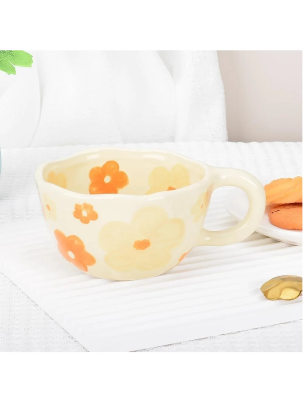 Handpainted Flower Ceramic Aesthetic Tea Mug with Spoon